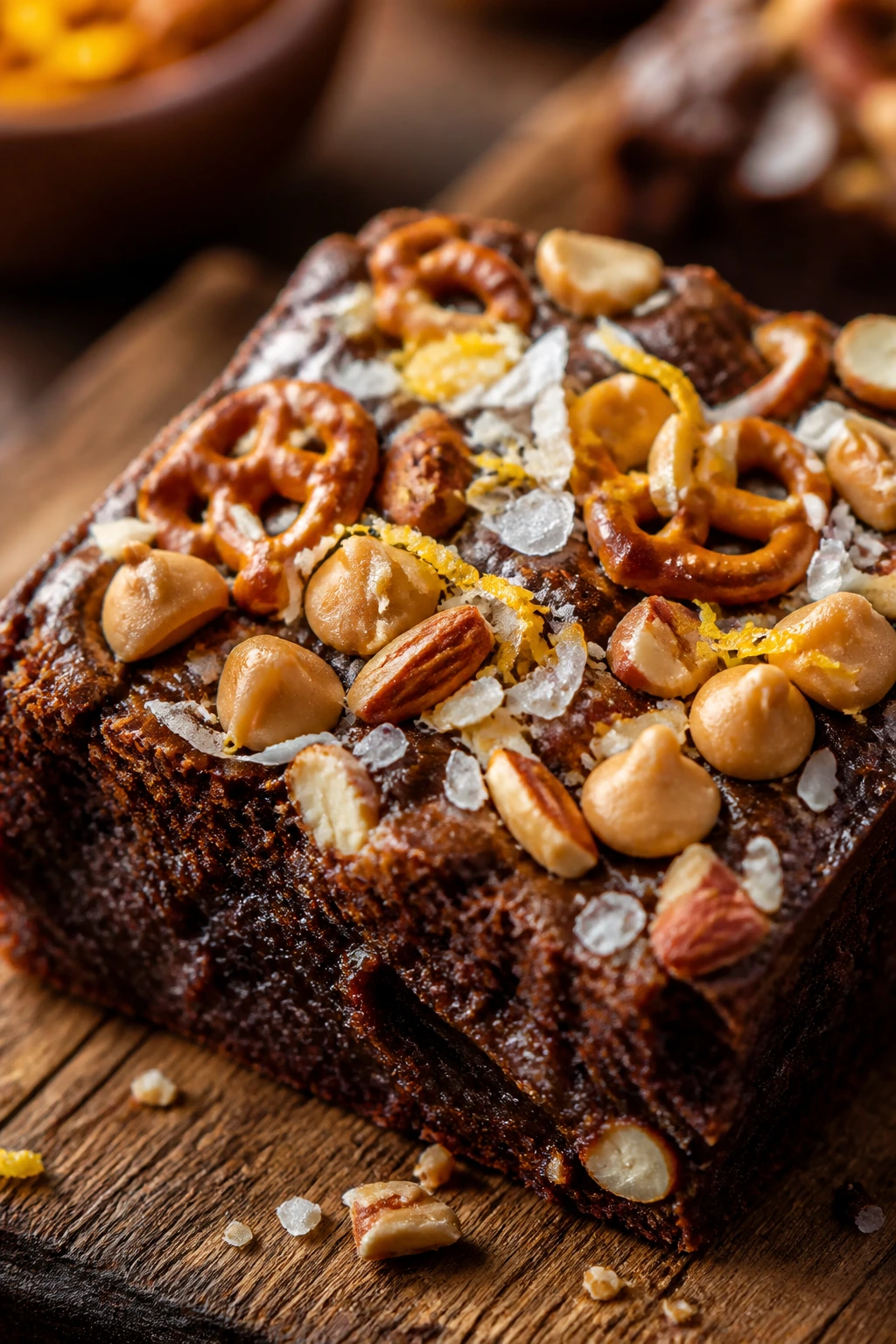 Close-up of a brownie with salt, zest, pretzels, coconut, almonds, and peanut butter chips
