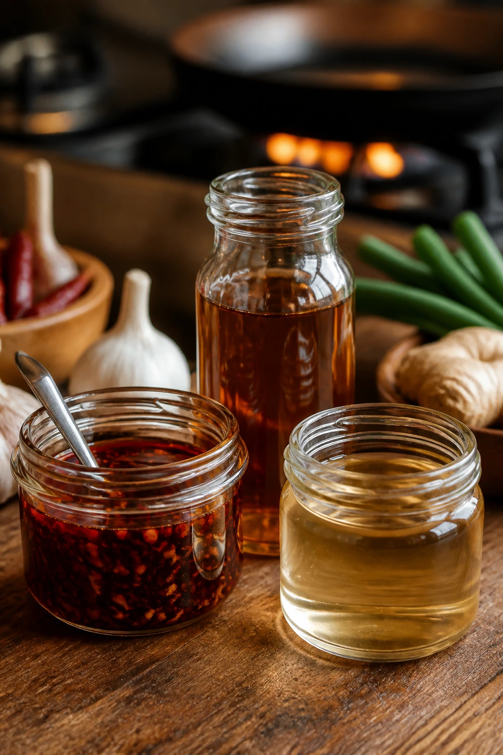 Close-up of chili crisp, sesame oil, and rice vinegar on a wooden counter with warm kitchen lighting