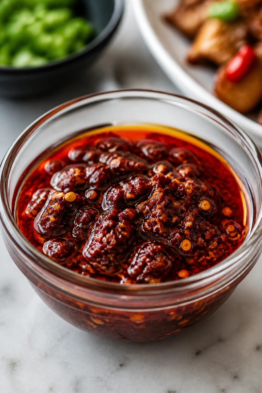 Small dish of chili crisp for flavor boosters