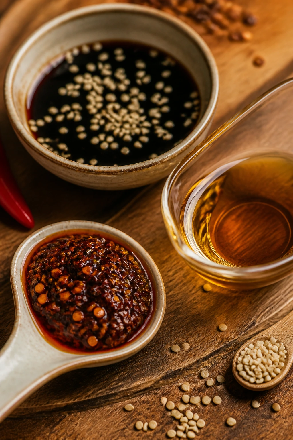 Chili crisp, sesame oil, and black vinegar arranged on a board