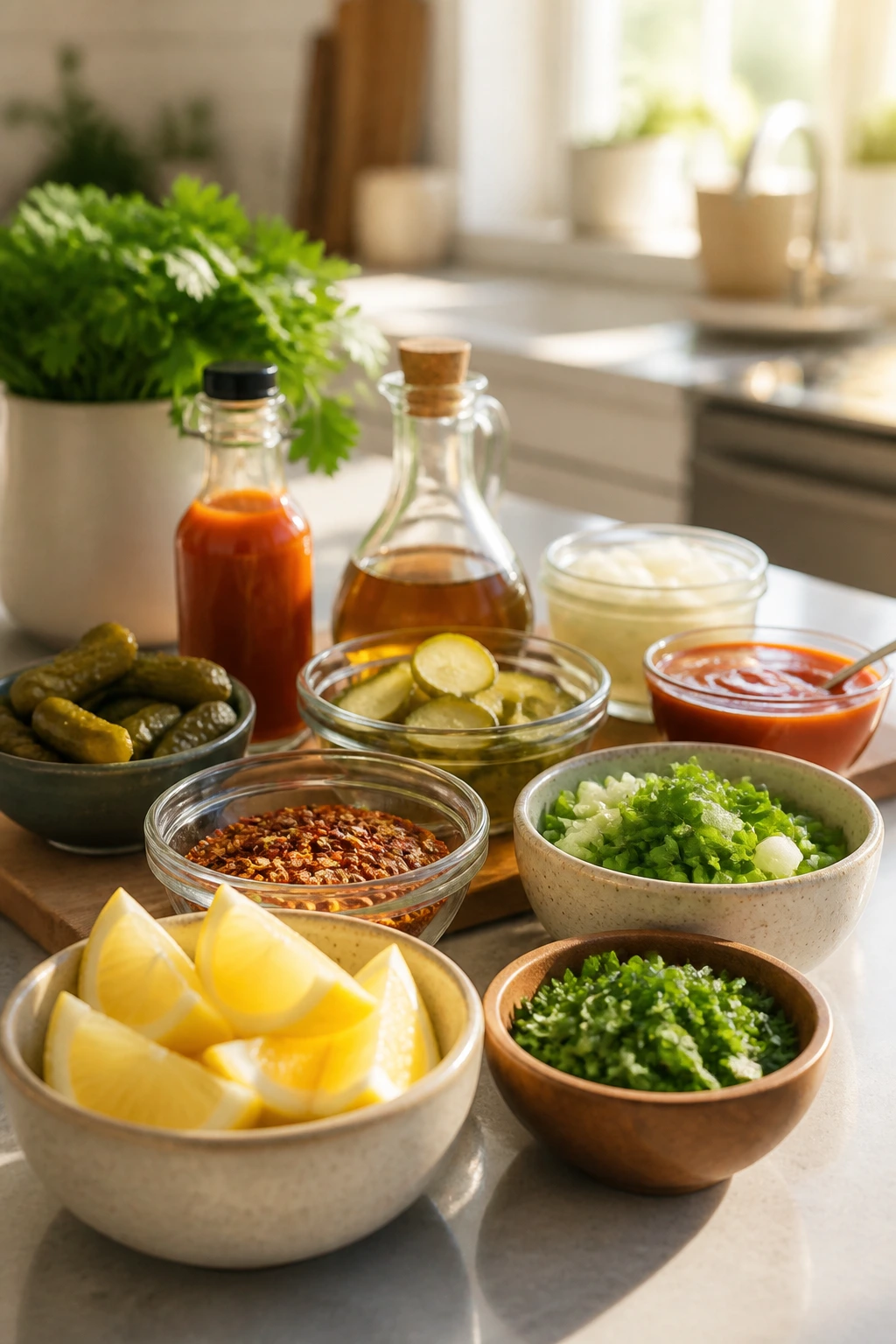 Close-up of condiment bowls and garnishes for flavor boosts on a kitchen island