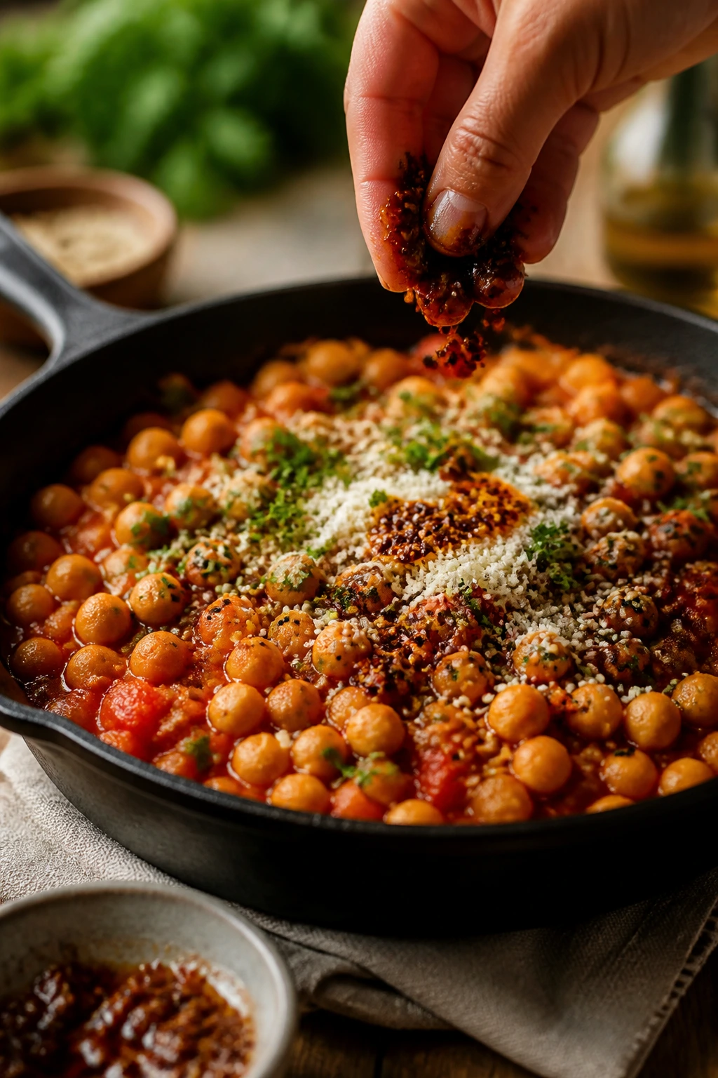 Chickpea tomato skillet with finishers being added in a warm kitchen.