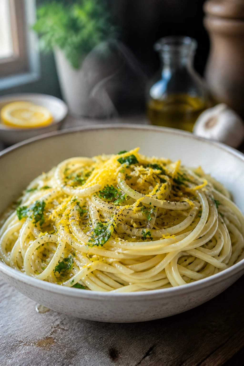 Steaming pasta with lemon zest and herbs on rustic counter