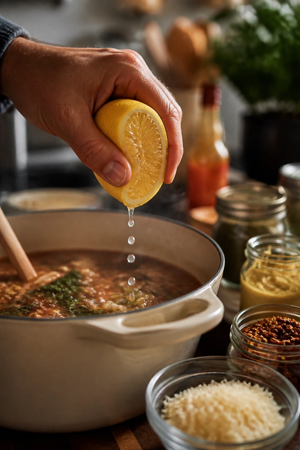 Hand squeezing lemon over simmering pot in a cozy kitchen