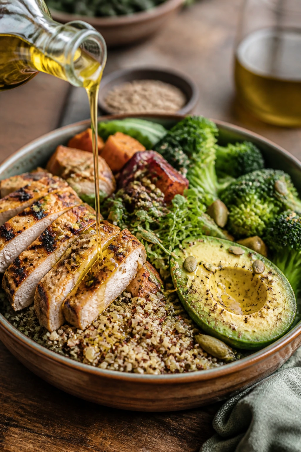 Grain bowl with finishing oil drizzle and seeds on rustic table