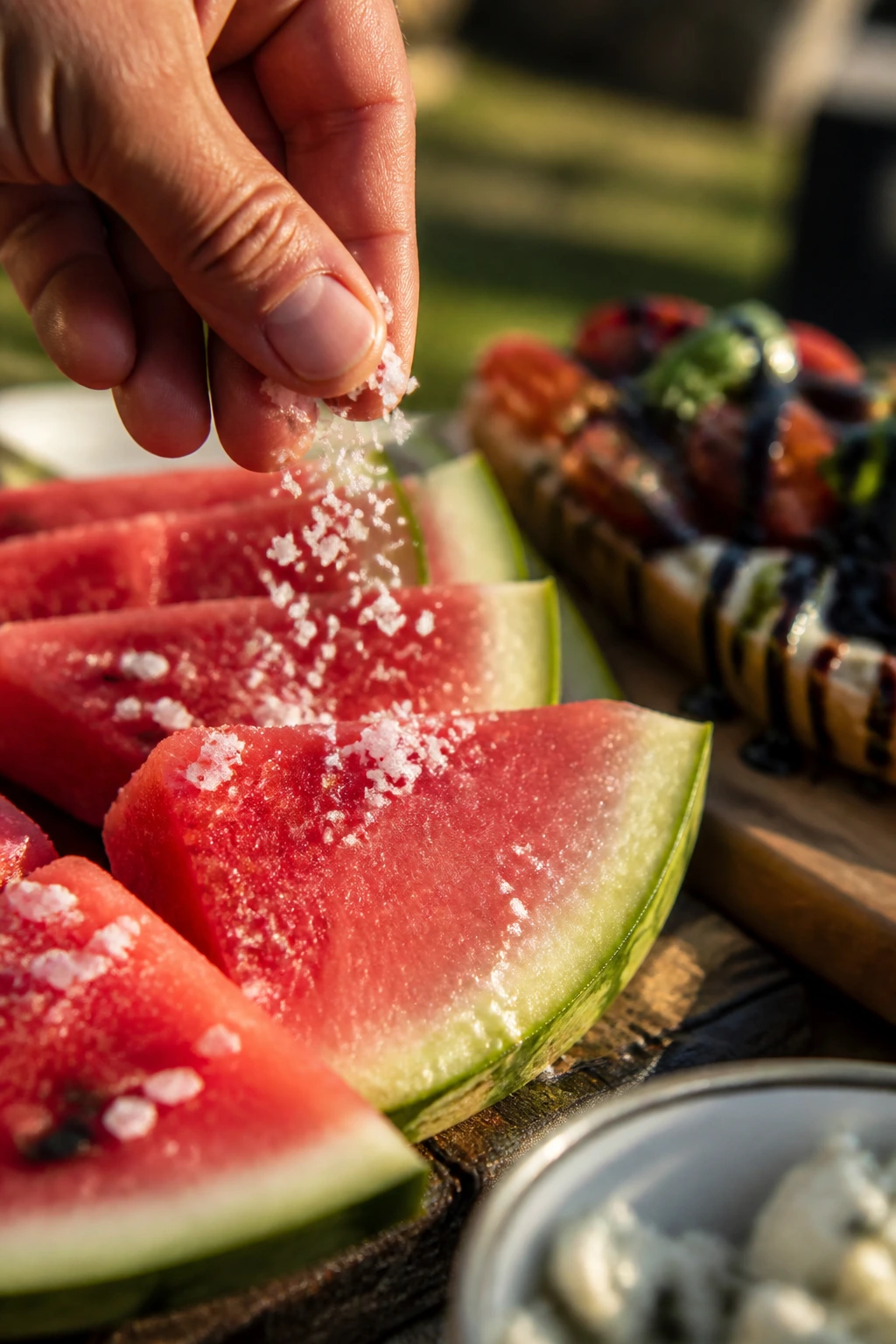 Watermelon with flaky salt finishing touch for flavor boost.