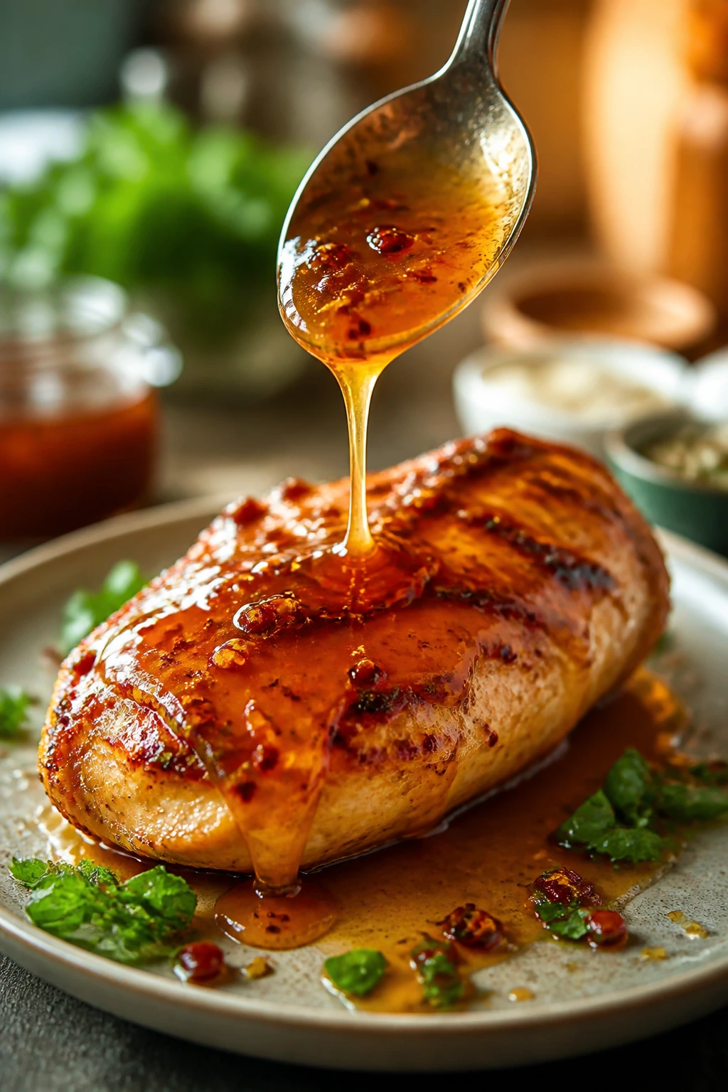 Glaze being drizzled on a protein with herbs.
