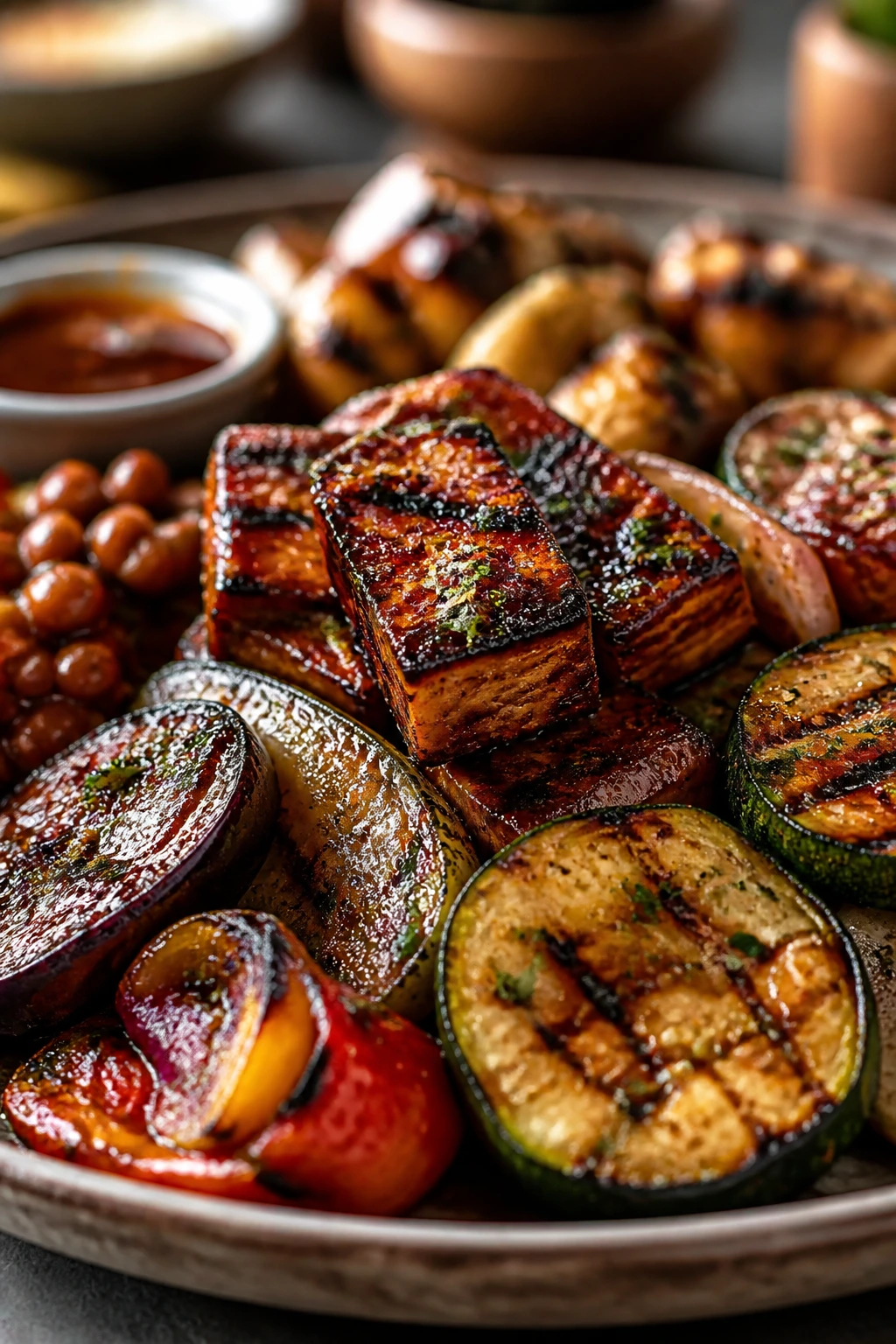 Plate with glossy glaze and sharp vinegar finish on plant-based BBQ