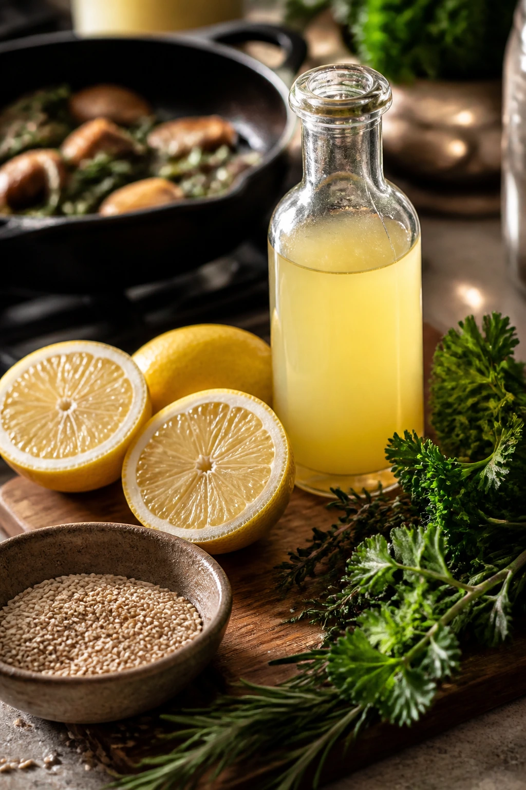 Lemon juice booster with lemons and herbs on a kitchen countertop