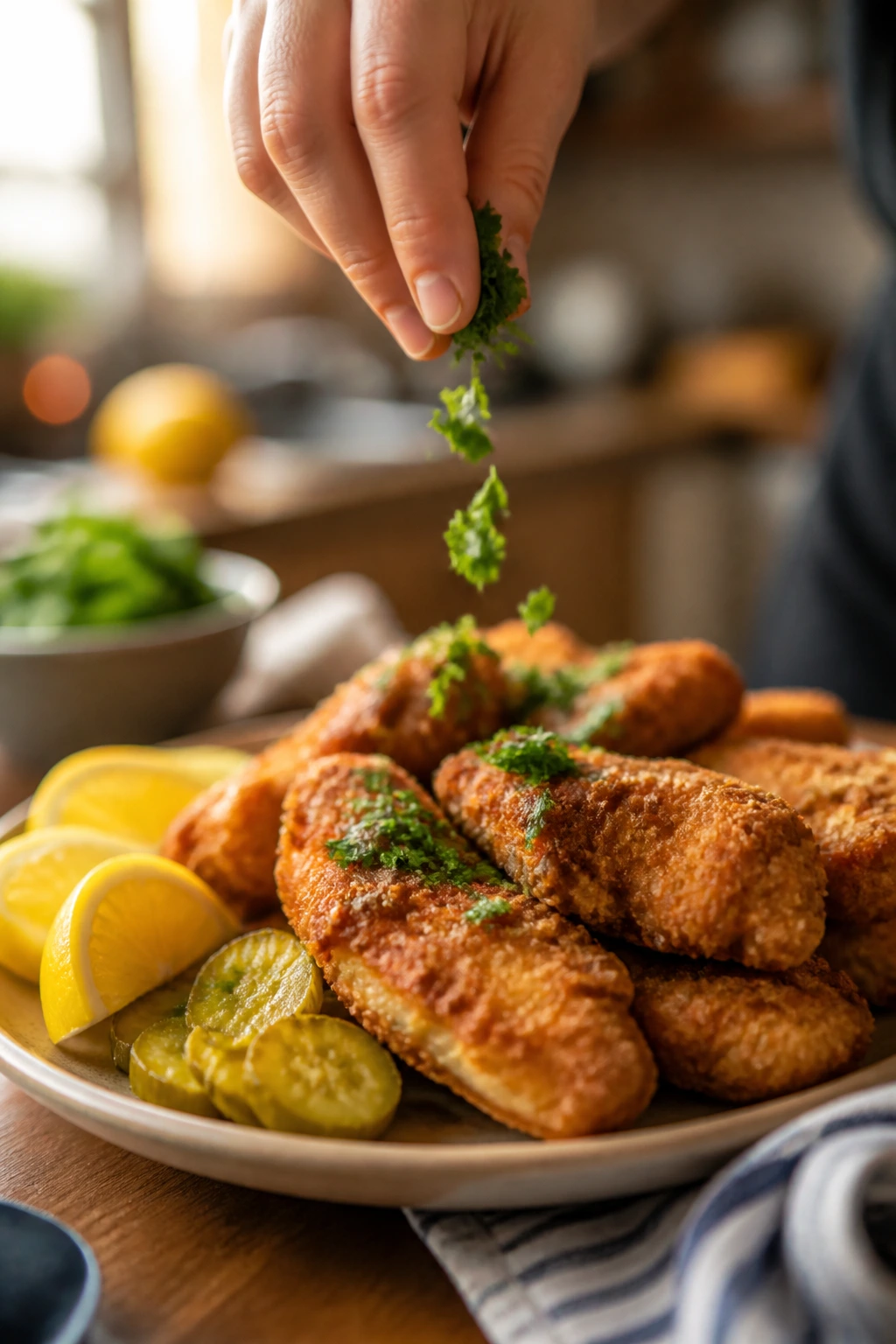 Hand garnishing a dish with fresh herbs, lemon wedges nearby