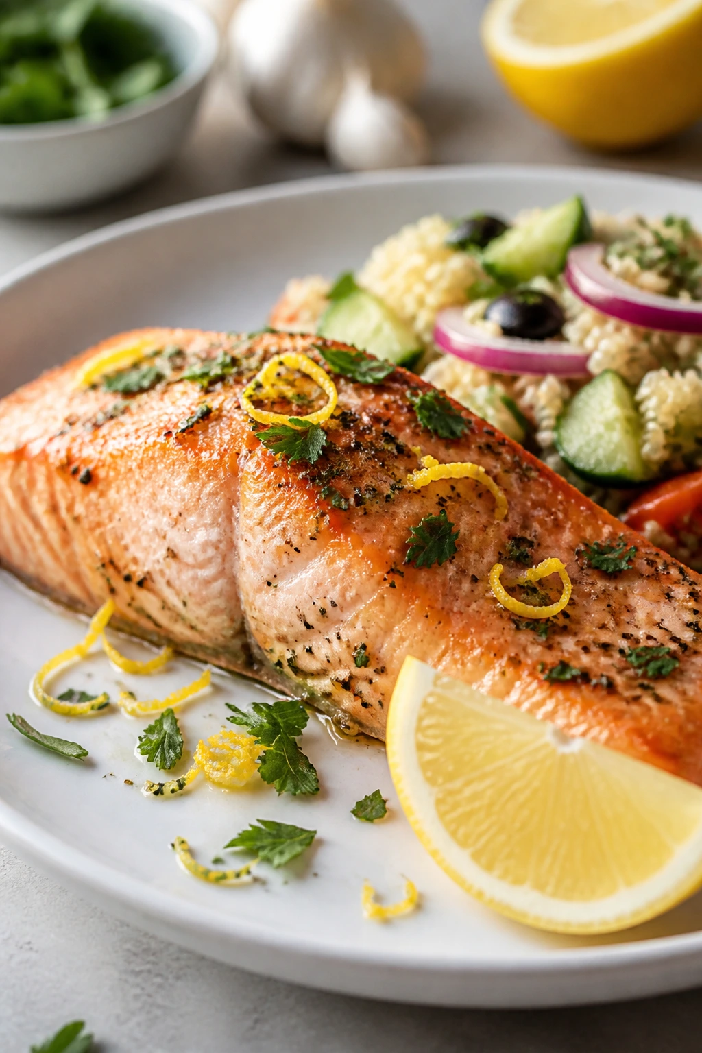High-protein dish with herbs and lemon zest as flavor boosters.