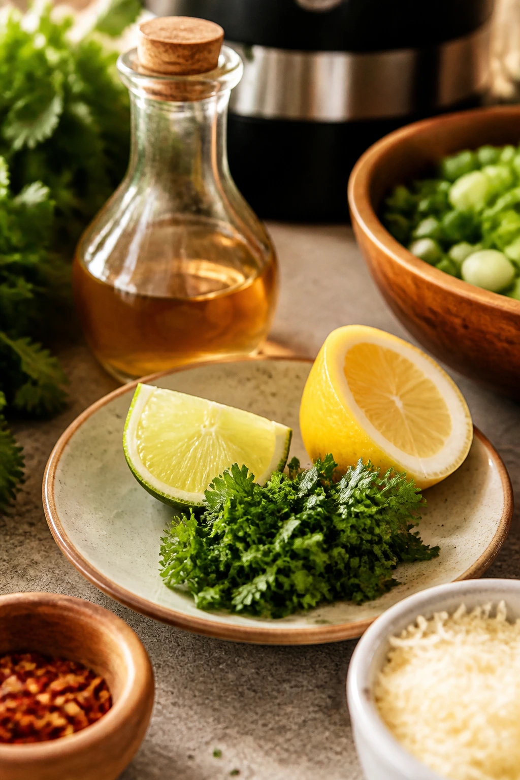 Assortment of flavor boosters: lemon, lime, herbs, and cheese on a counter
