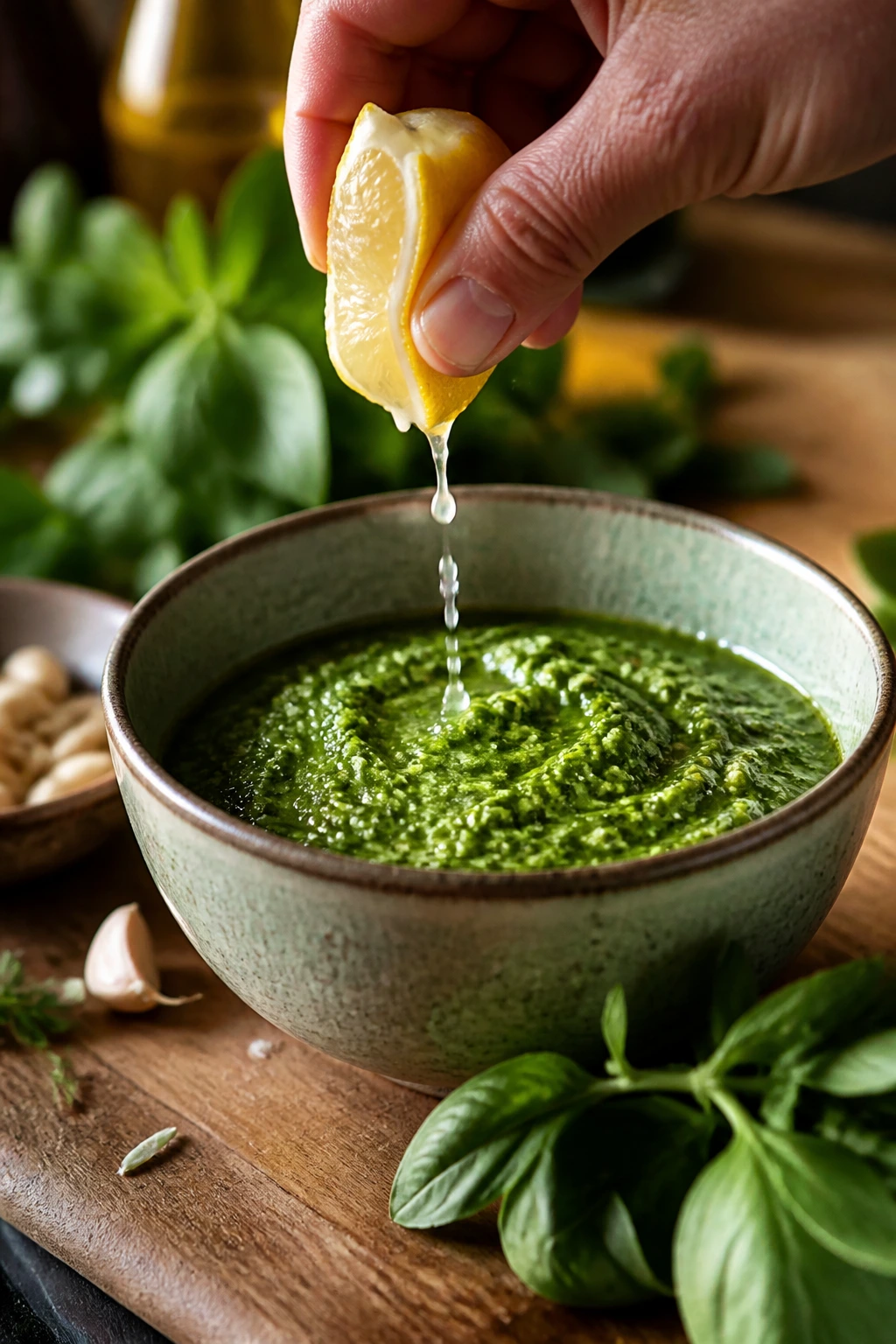 Hand adding lemon juice to pesto with herbs nearby