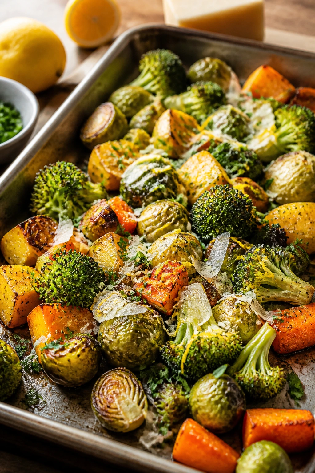 Roasted vegetables with lemon zest and parmesan finishing