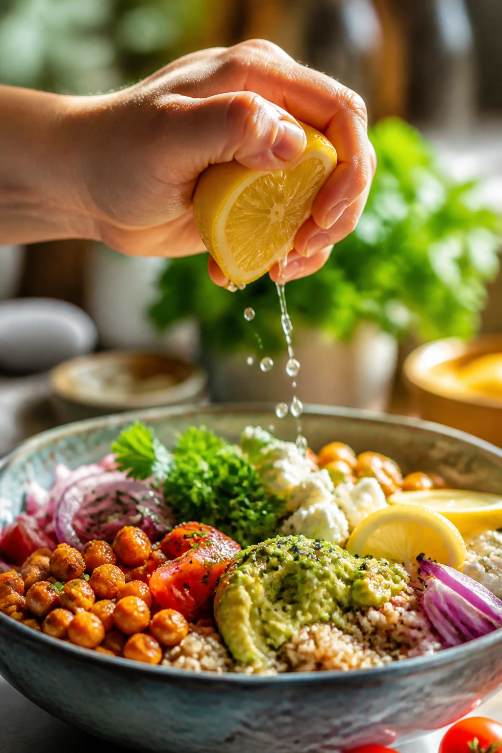 Hand squeezing lemon over vibrant dish in bright kitchen