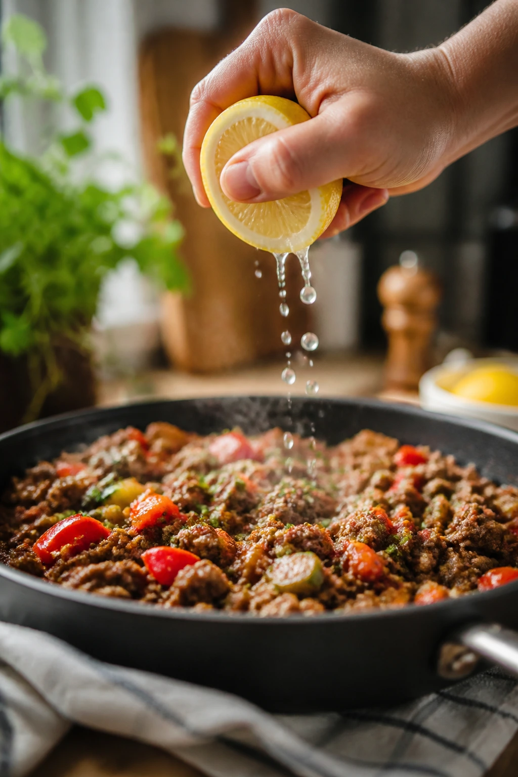 Hand squeezing lemon over a beef skillet to boost flavor.