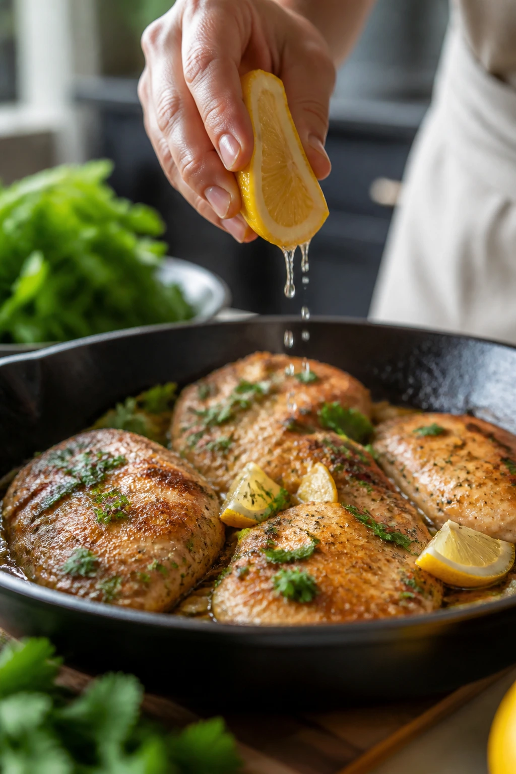 Lemon juice being drizzled over chicken dish in kitchen