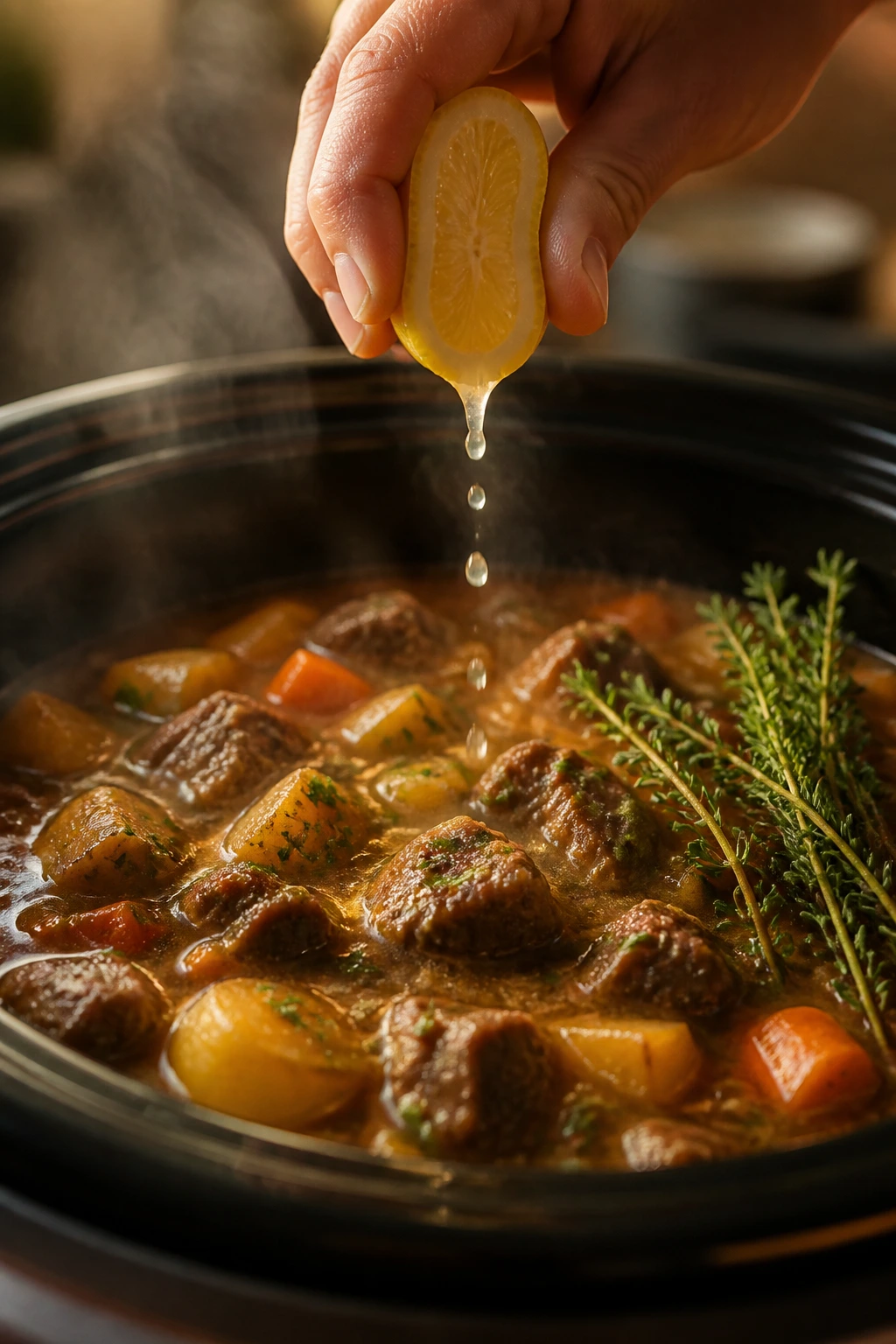 Hand adding lemon juice to stew with herbs