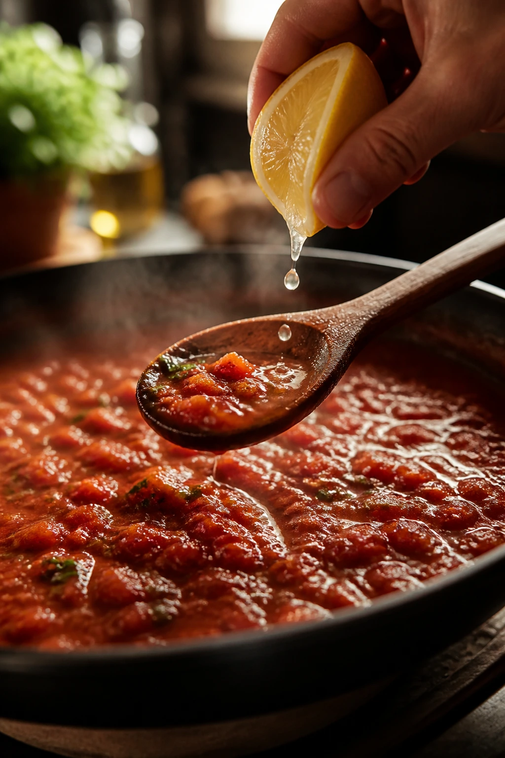 Wooden spoon over simmering tomato sauce ready for flavor boost