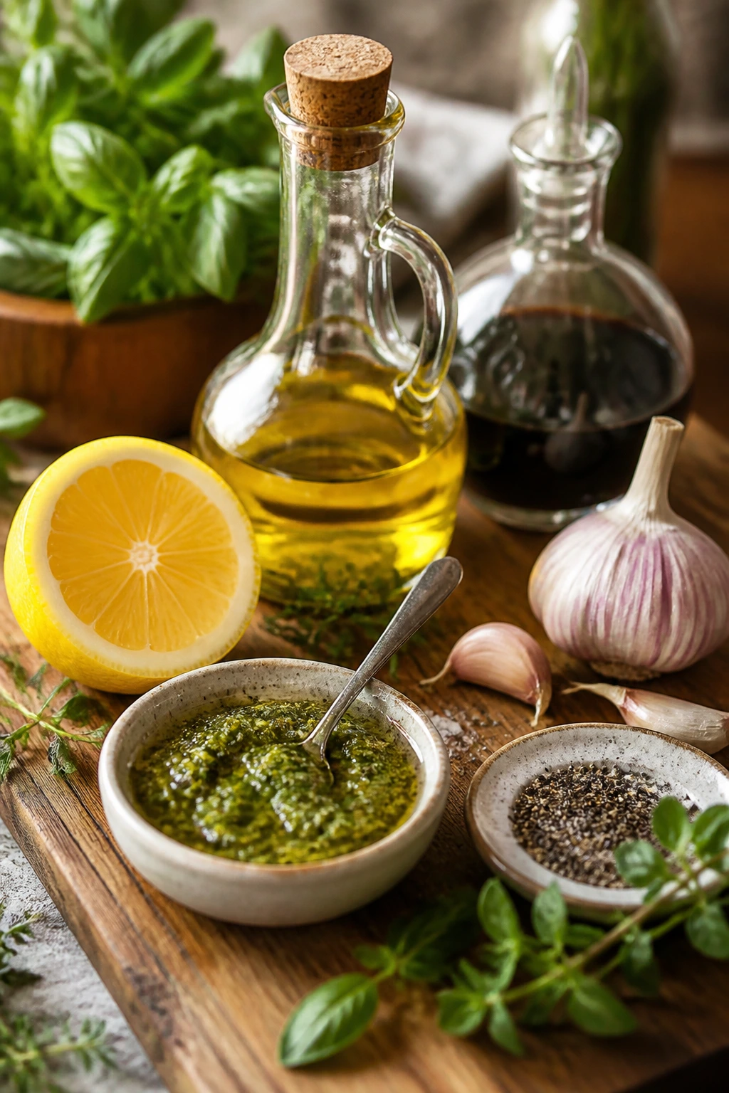 Close-up of lemon, pesto, olive oil, herbs and garlic illustrating flavor boosters for meals