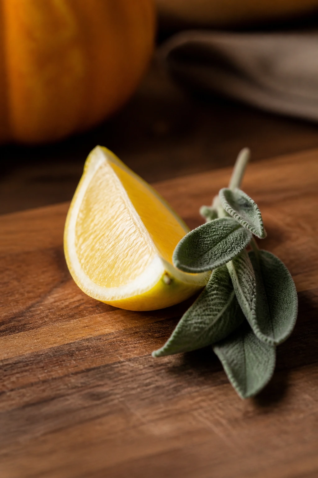 Lemon wedge and sage leaves as flavor boosters on a wooden surface