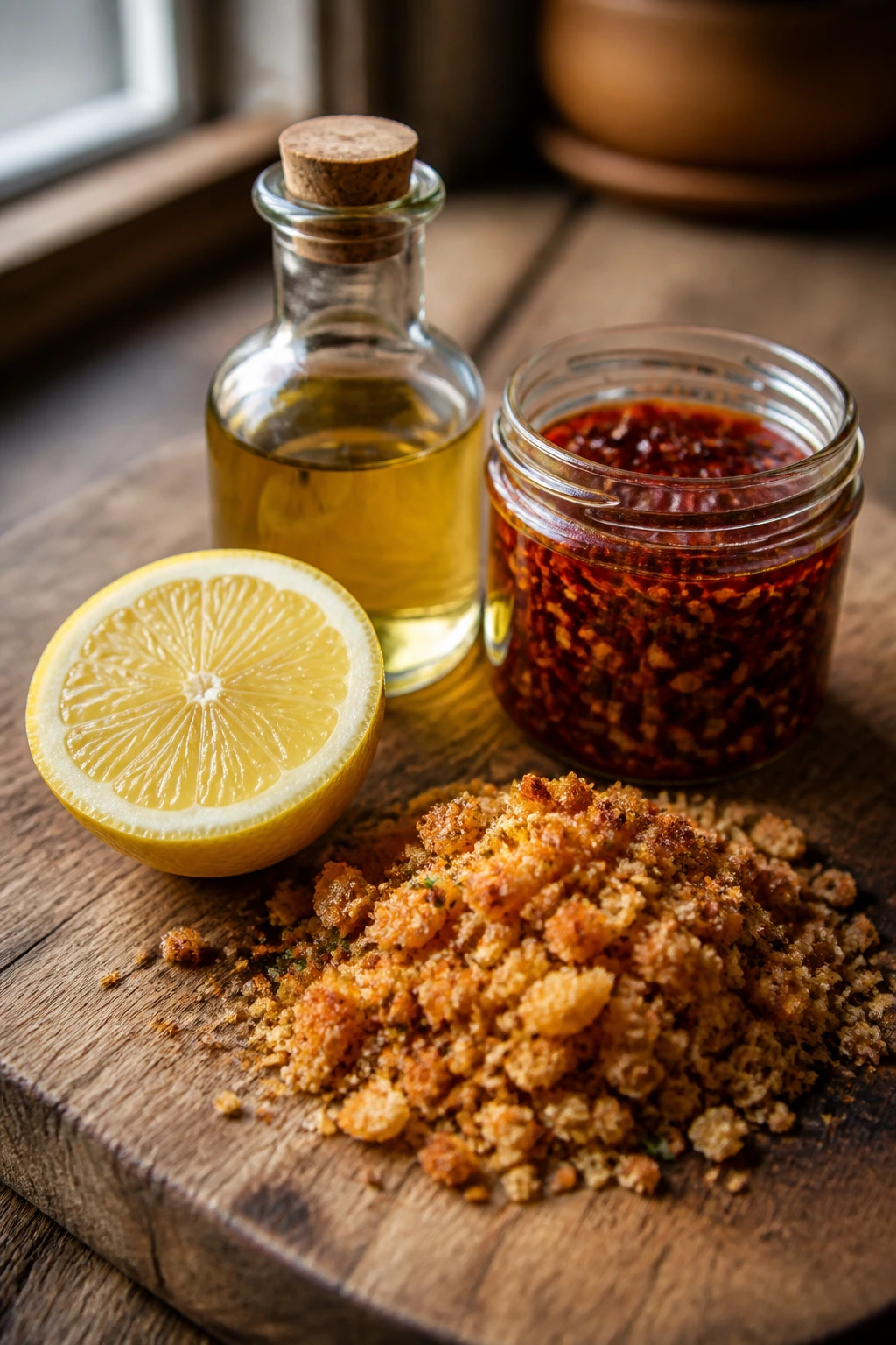 Close-up of lemon, vinegar, chili crisp, breadcrumbs on wood board for flavor boosters