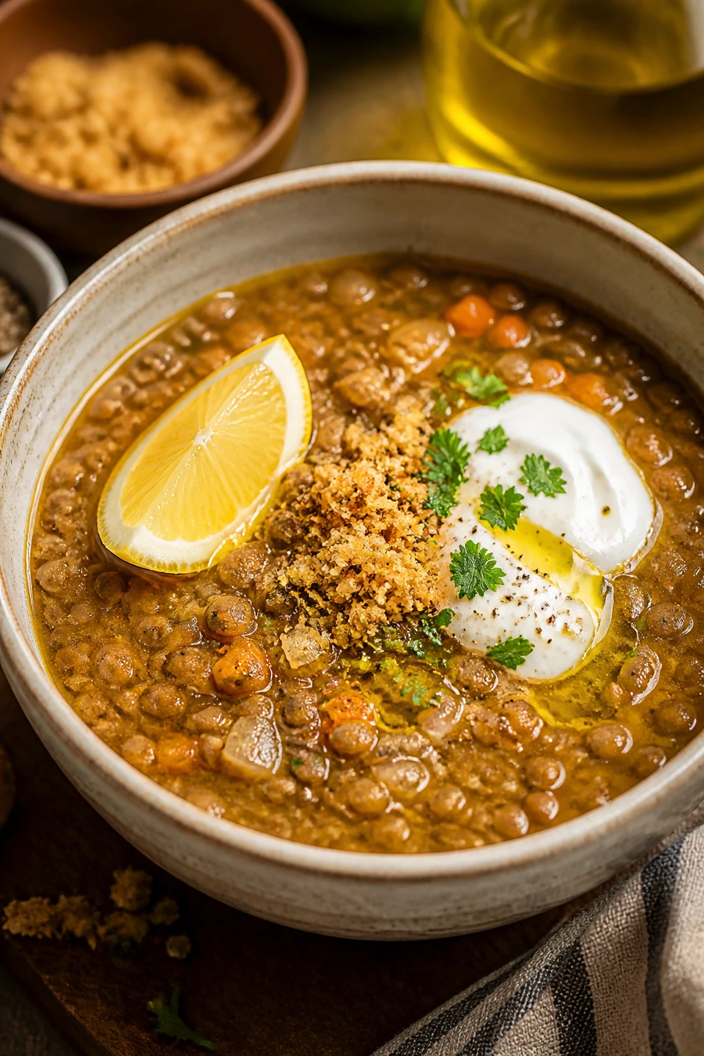 Vibrant lentil soup with lemon, yogurt, and breadcrumb garnish