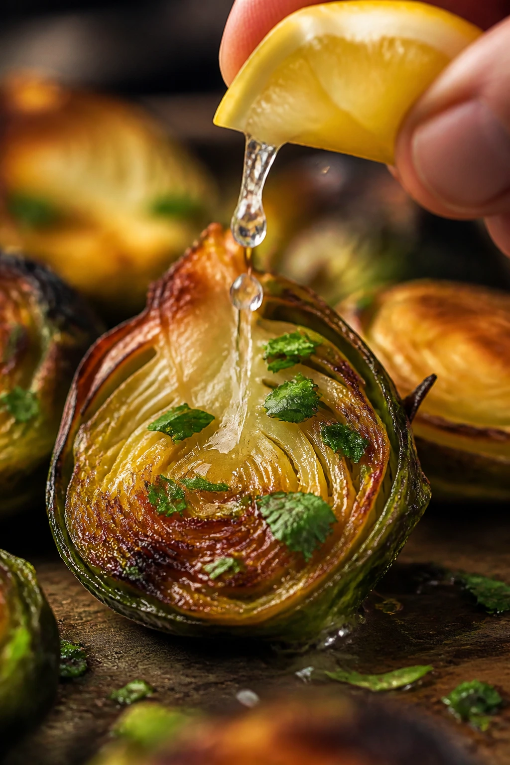 Brussels sprout half with lemon zest and herbs enhancing flavor.
