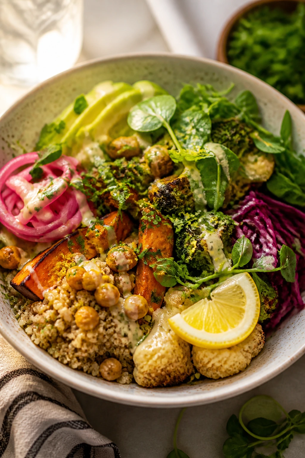 Finished vegetarian bowl with lemon zest and herbs garnish