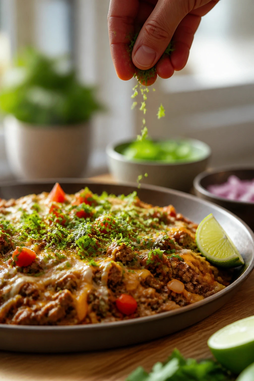 Mid-close-up of lime zest and cilantro being added to a taco skillet to boost flavor