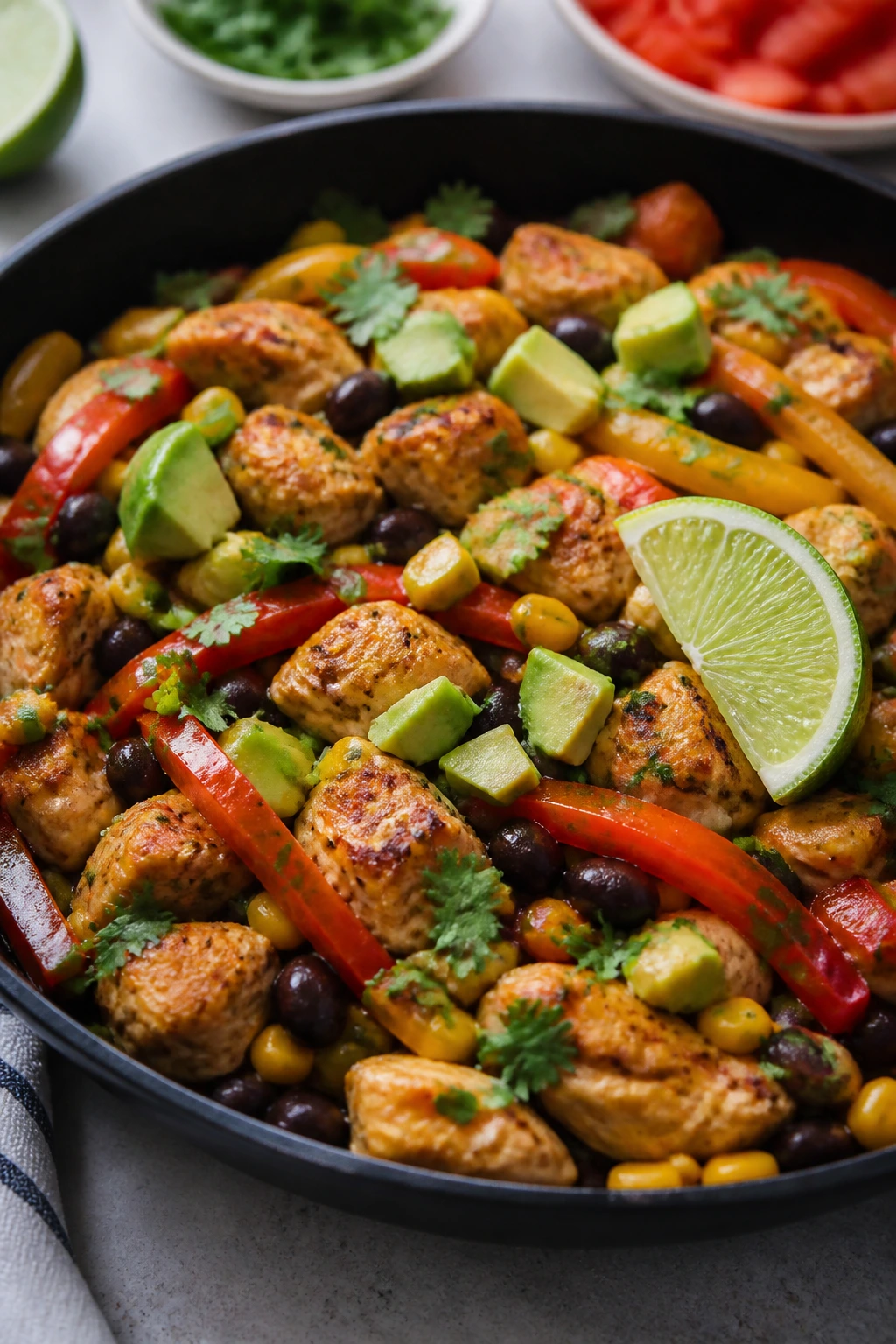 Colorful skillet with lime and herbs highlighting flavor boosters for kid dinners