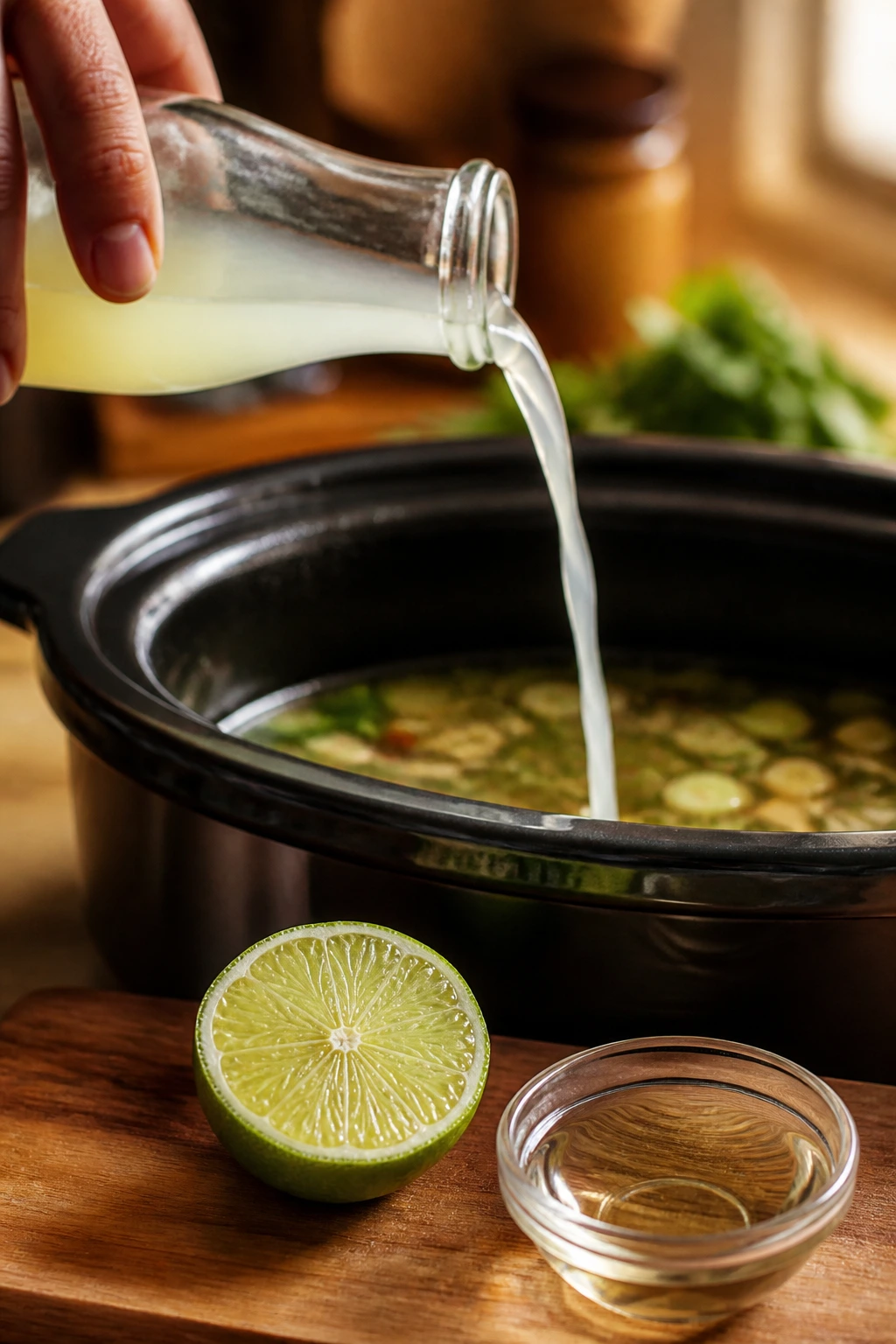 Lime juice being poured with lime half nearby
