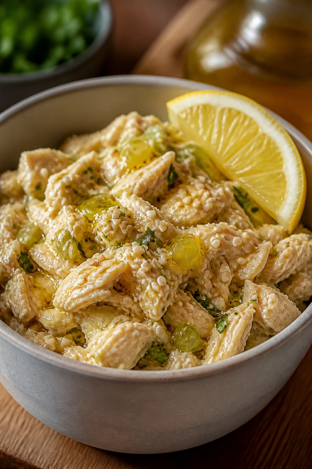 Close-up of chicken salad with sesame seeds and lemon garnish