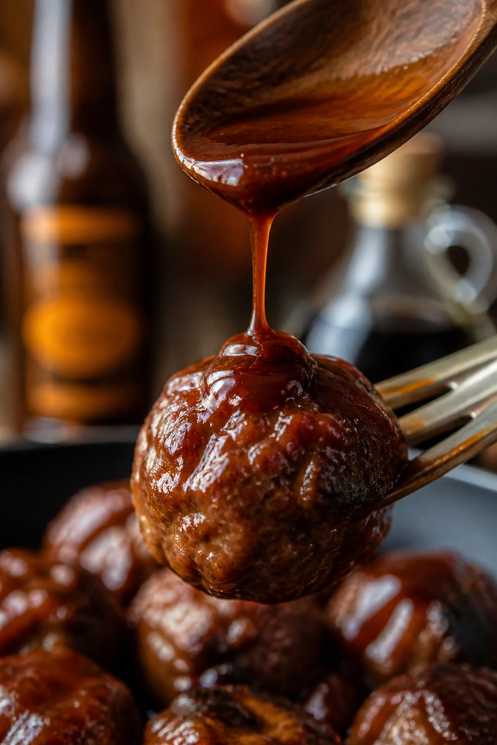 Meatball with glaze and flavor boosters in background