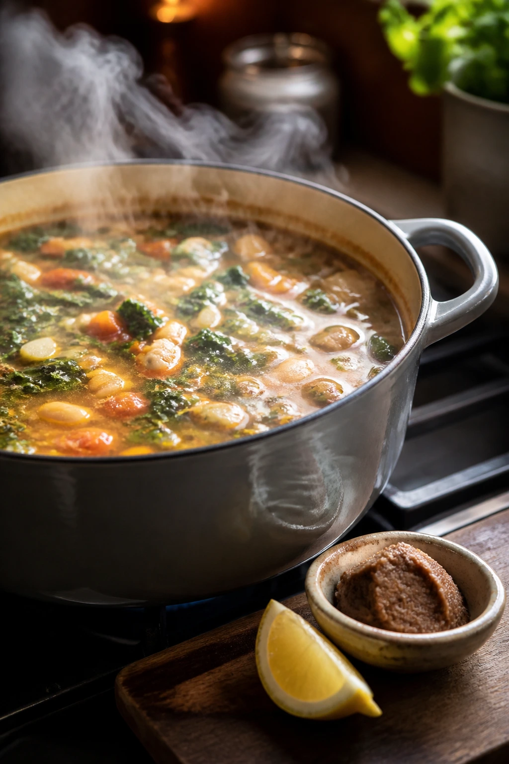 Steaming pot of soup on the stove with miso boosters nearby