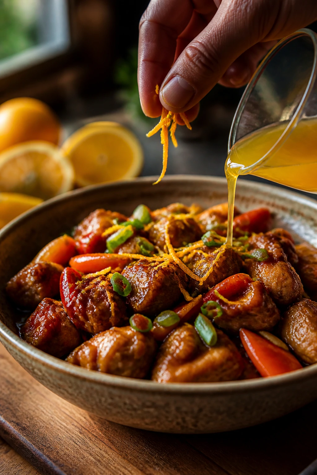 Close-up of glossy crockpot dish with orange zest finish in warm kitchen.
