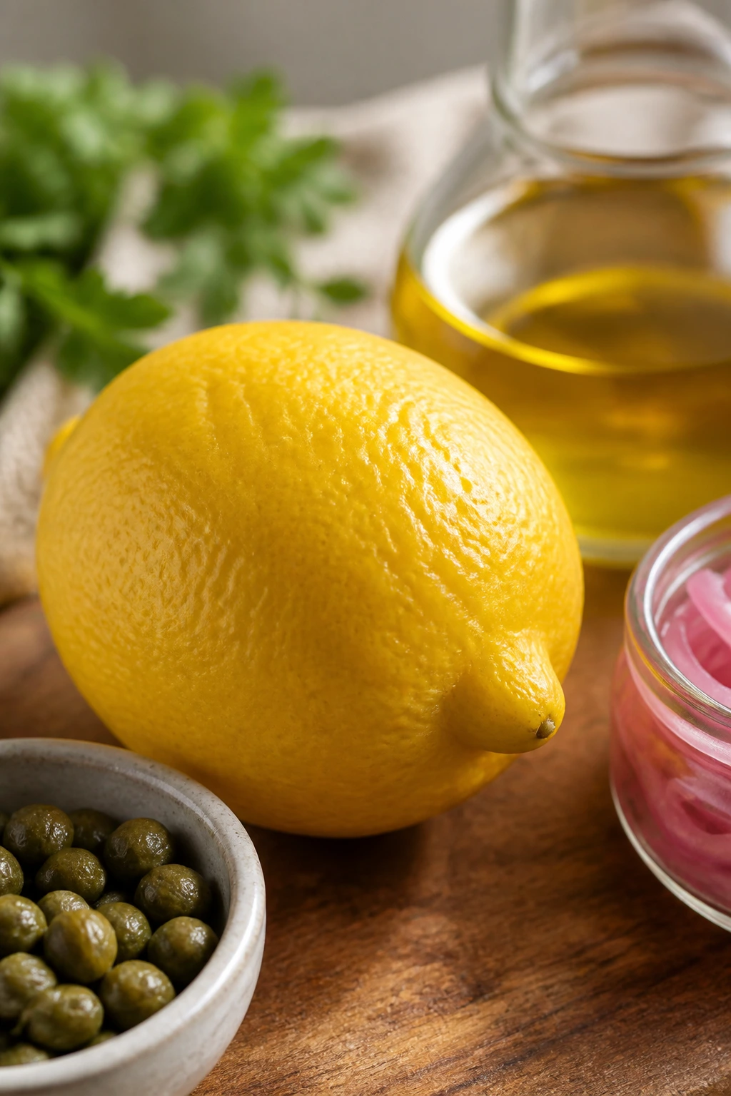 Close-up of a lemon with flavor boosters arranged around it