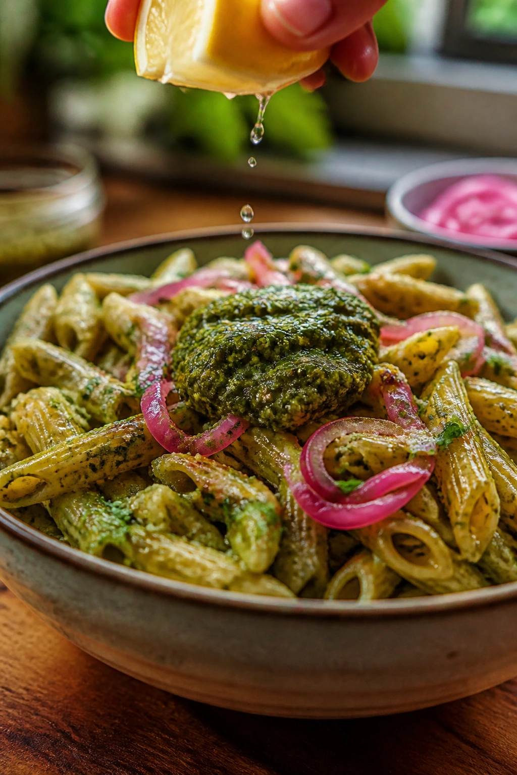 Close-up of pasta with lemon, herbs, and pesto on a warm kitchen counter