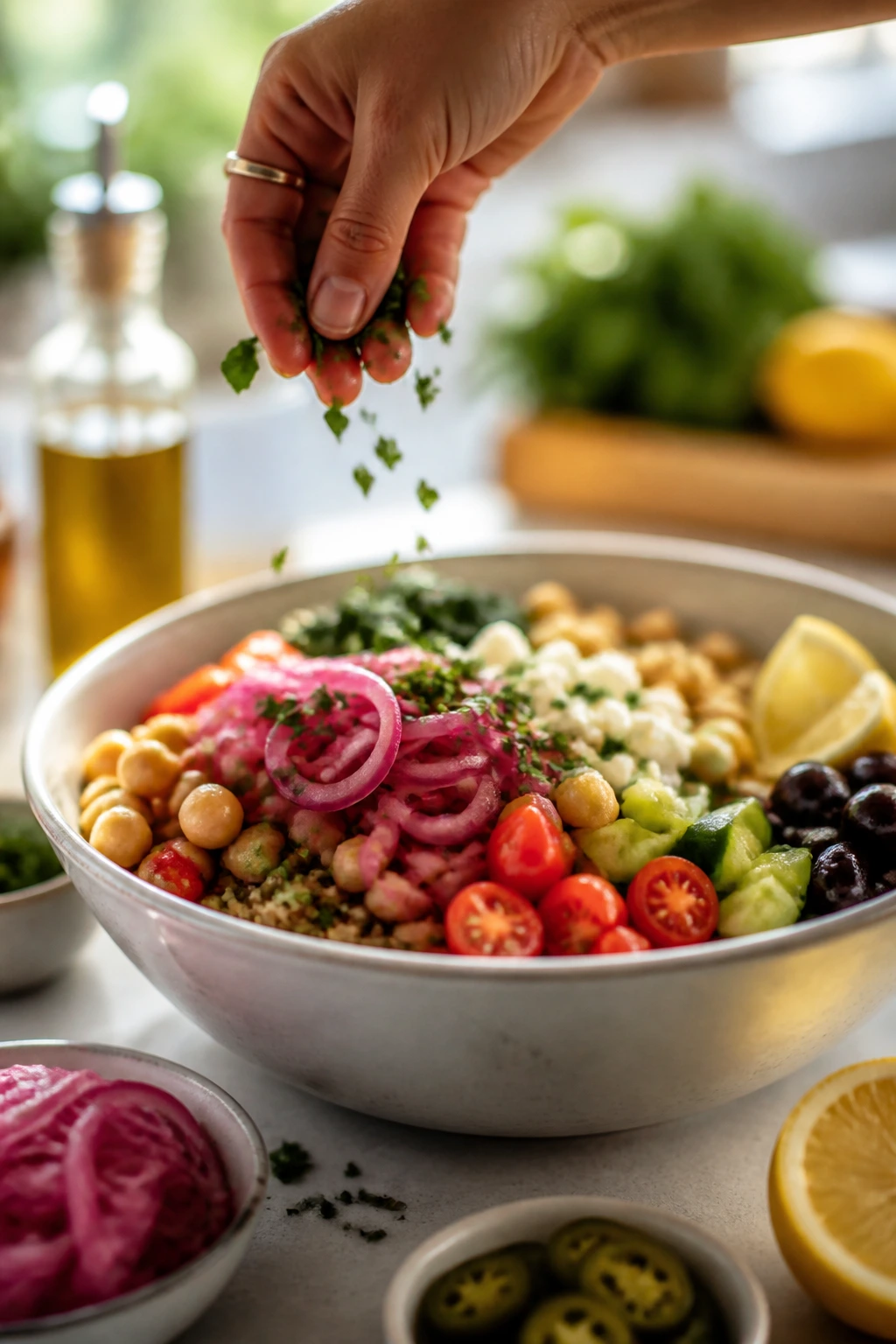Hand adding herbs and pickled onions to a bright cold bowl.