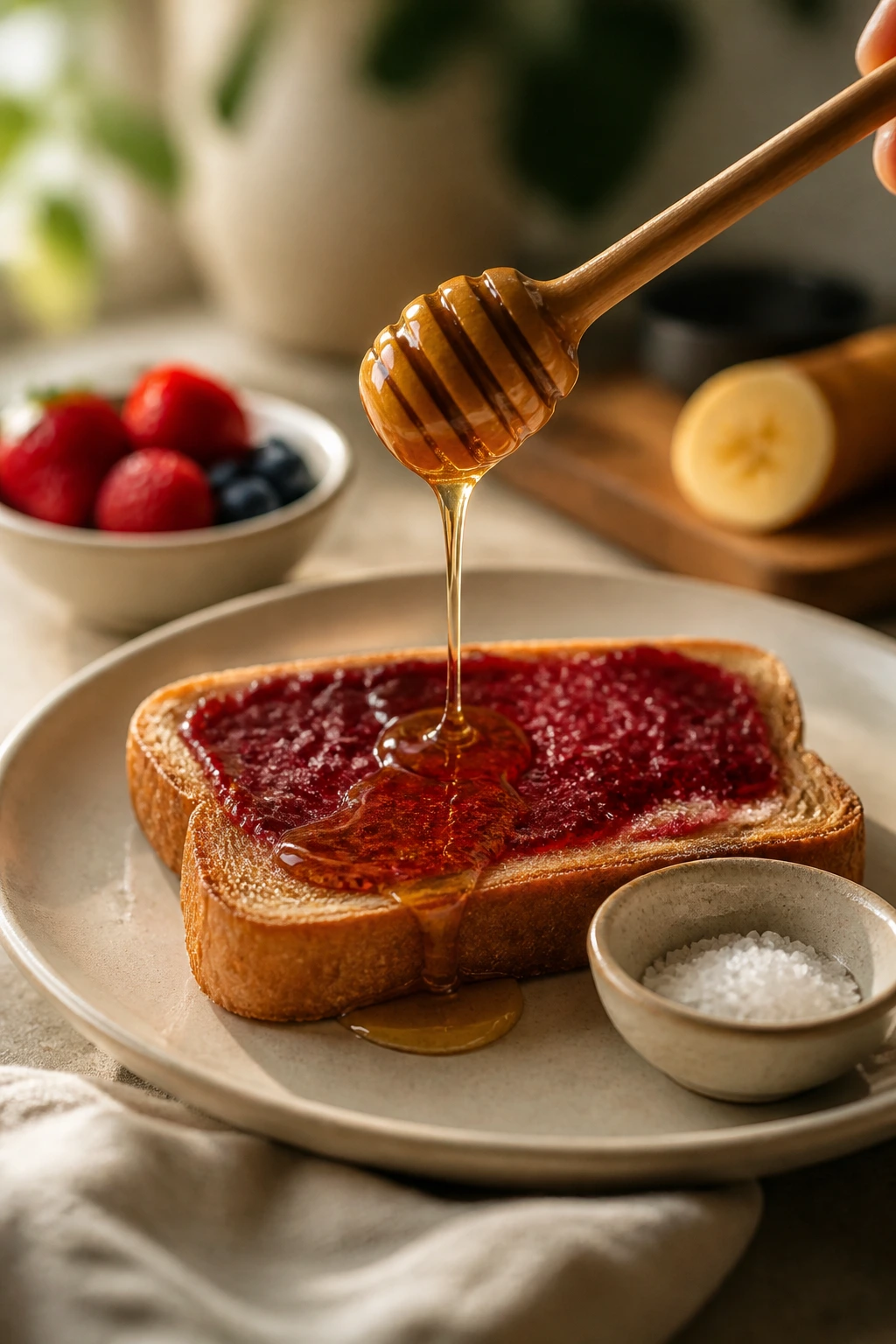 Toast with jam and honey on a plate with a hint of salt, in warm kitchen light