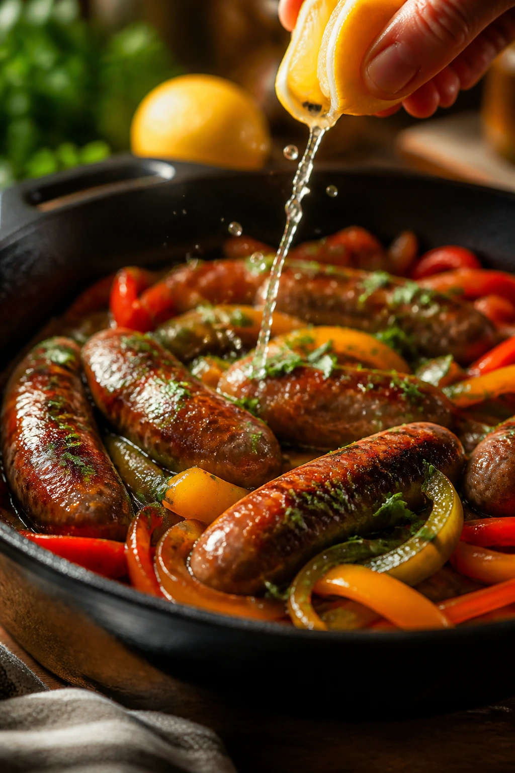 Sausage skillet with lemon juice splash and herbs on top