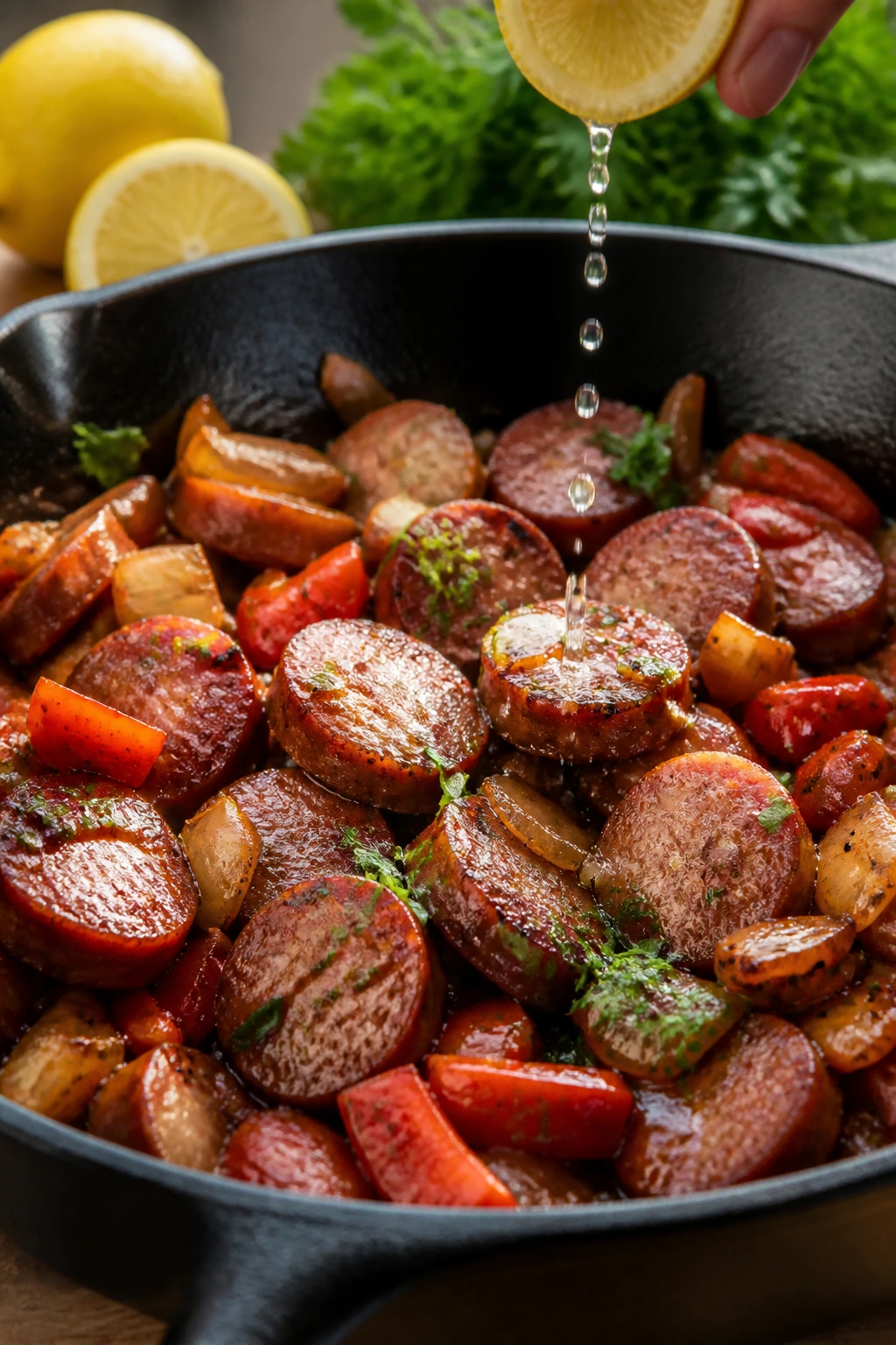 Sausage skillet with lemon juice drizzle and herbs