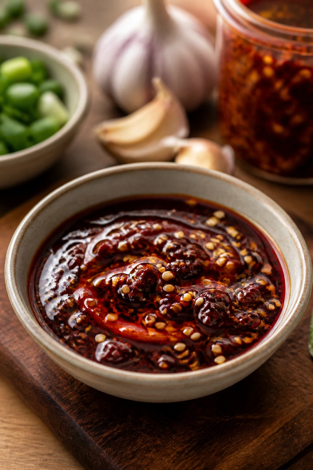 Glossy braising sauce with sesame seeds and chili oil in a small bowl on a wooden kitchen counter