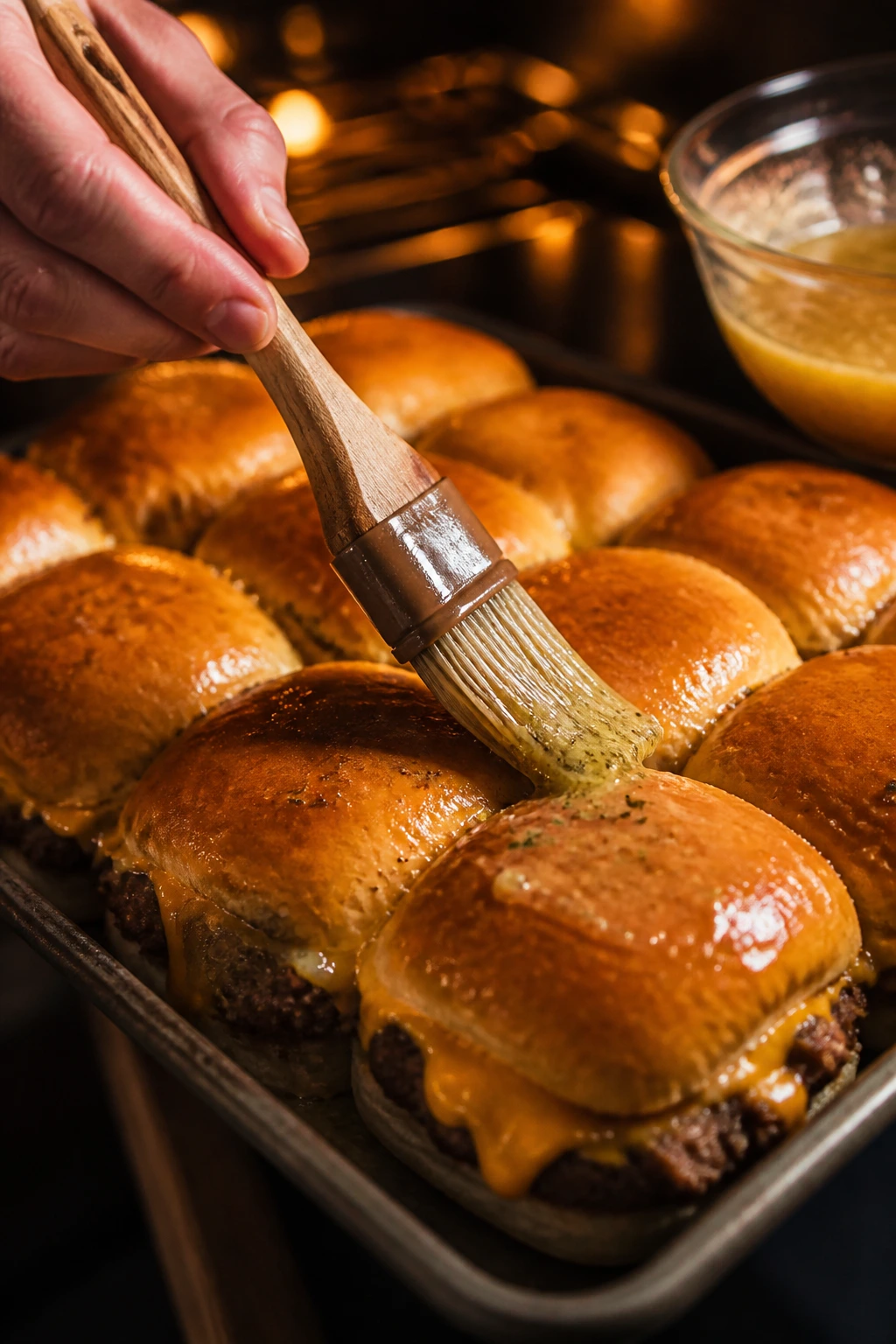 Hand brushing garlic butter onto slider buns for enhanced flavor
