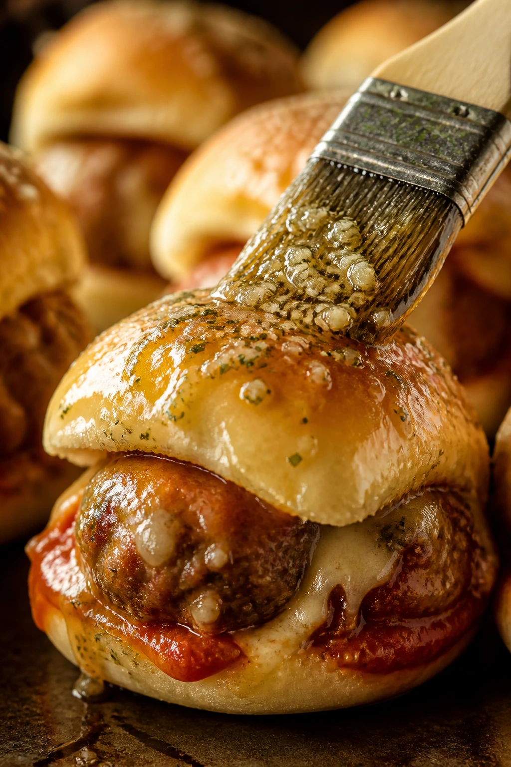 Meatball slider being brushed with garlic butter and Parmesan
