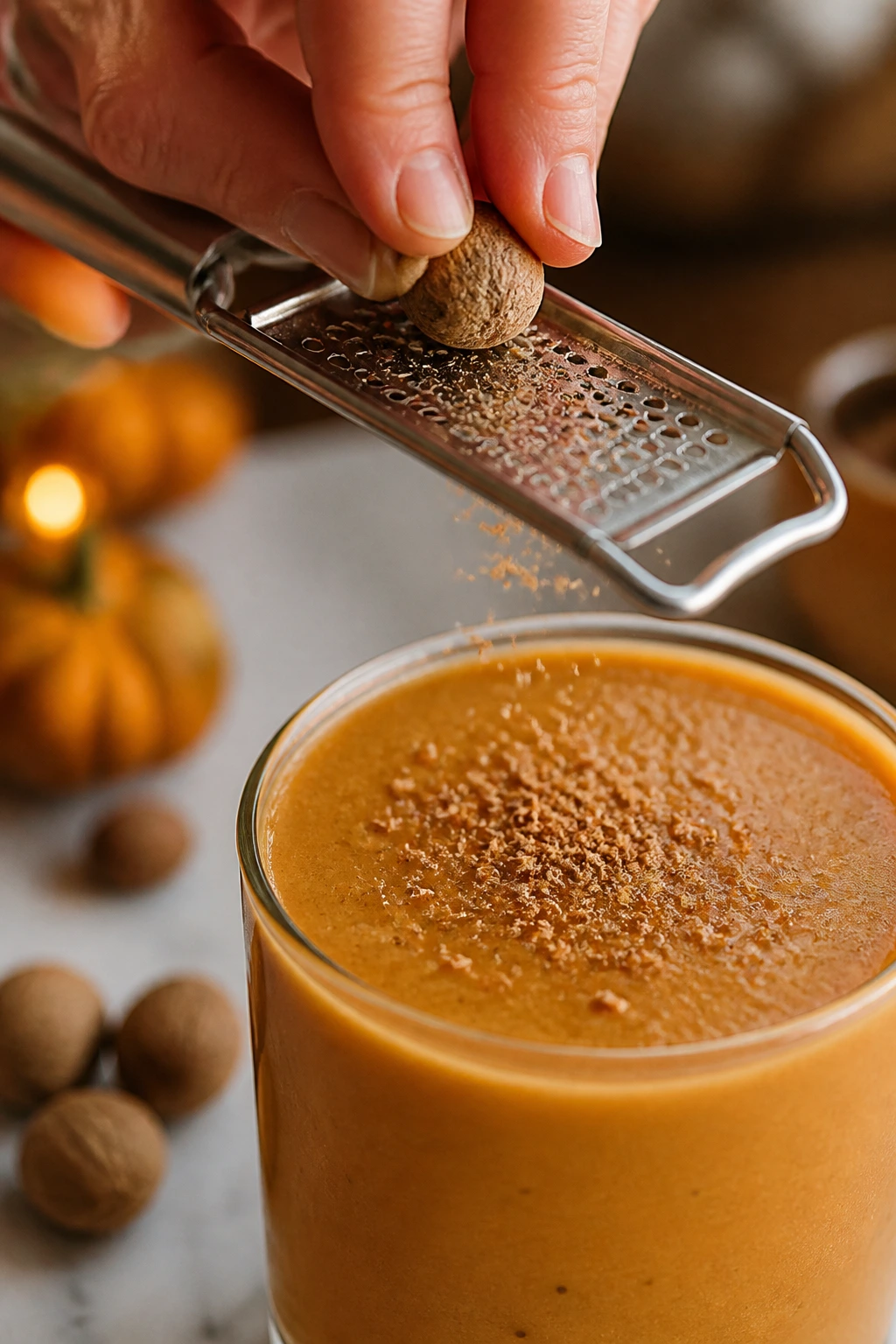 Hand grating nutmeg over a smoothie for flavor boost
