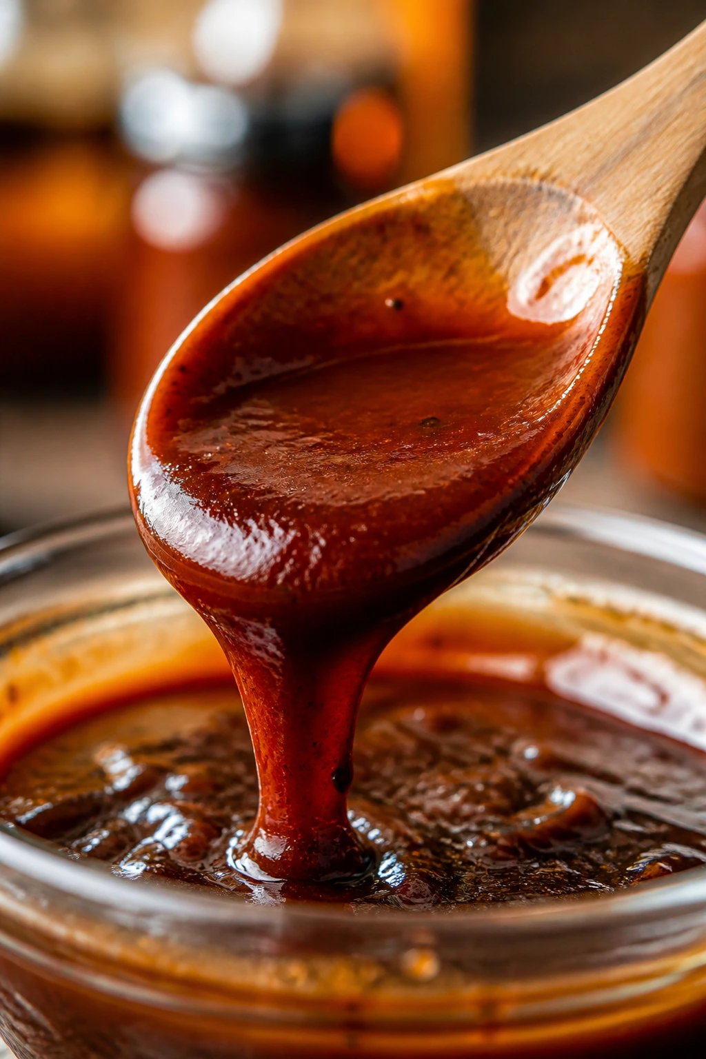 Close-up of a spoon pouring smoky honey BBQ sauce with droplets in a kitchen