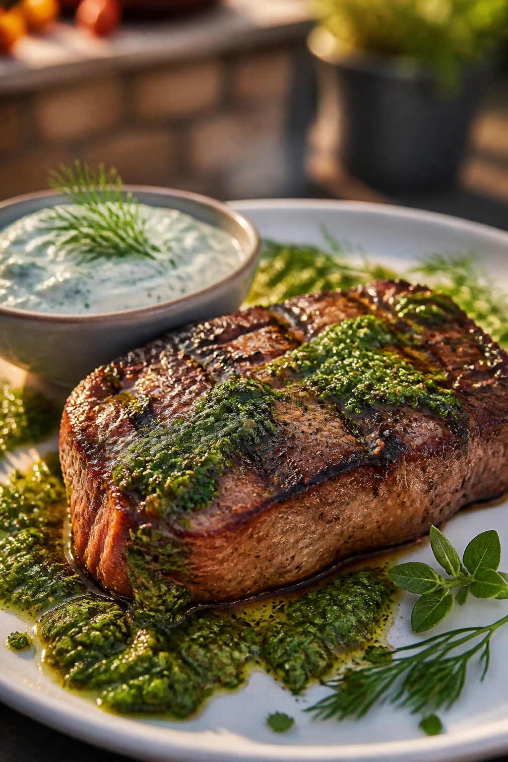 Close-up of a grilled steak with chimichurri and dill yogurt on a plate