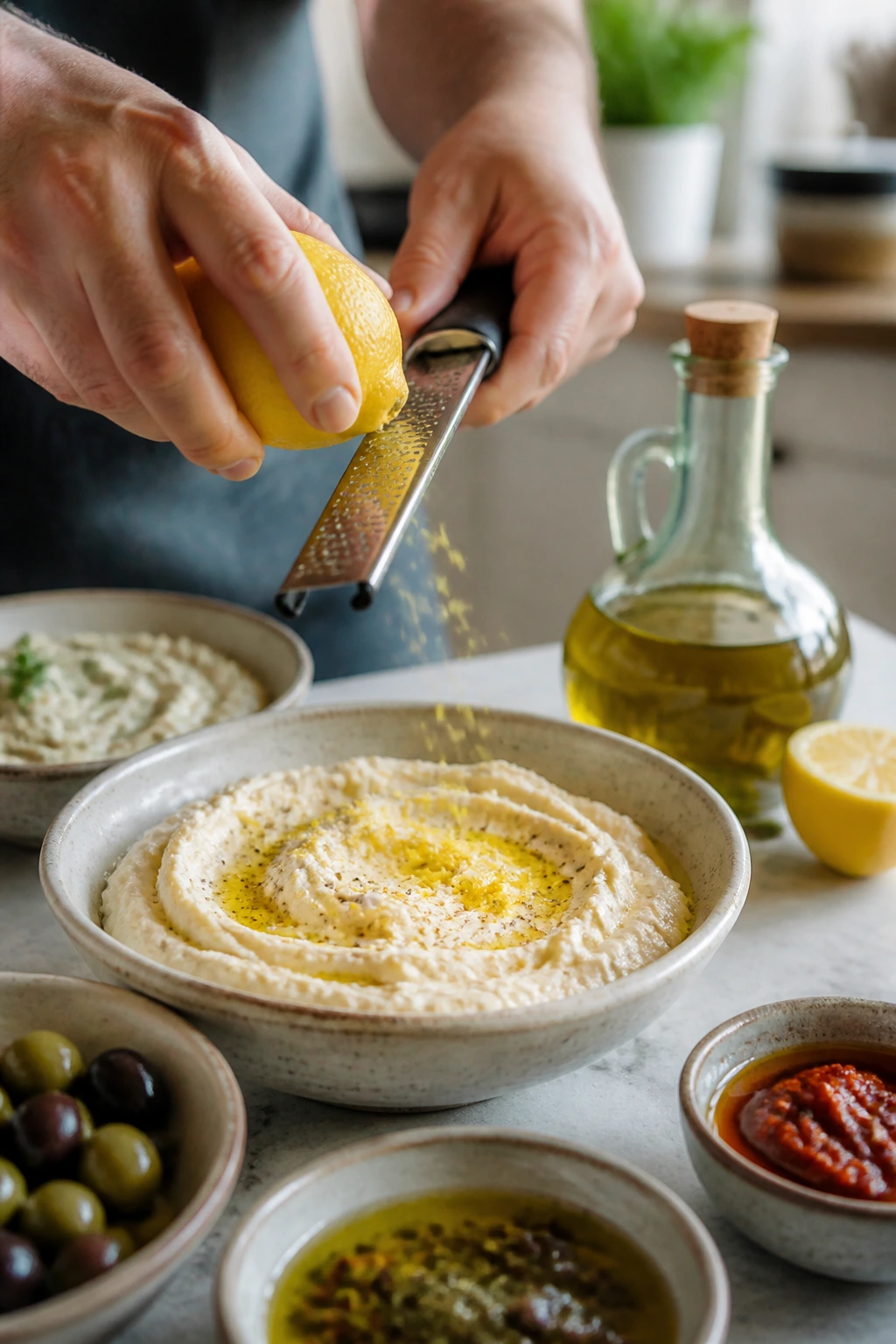 Hands finishing a dip with lemon zest in a bright kitchen.