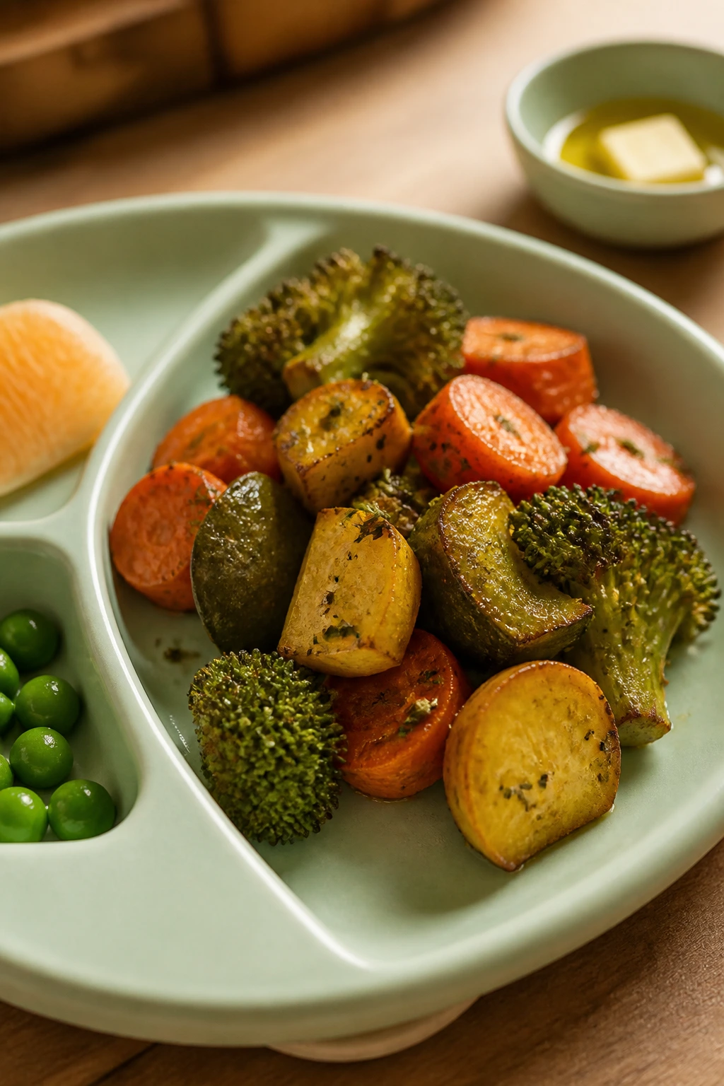 Plate with vegetables and a drizzle of olive oil and butter for toddlers